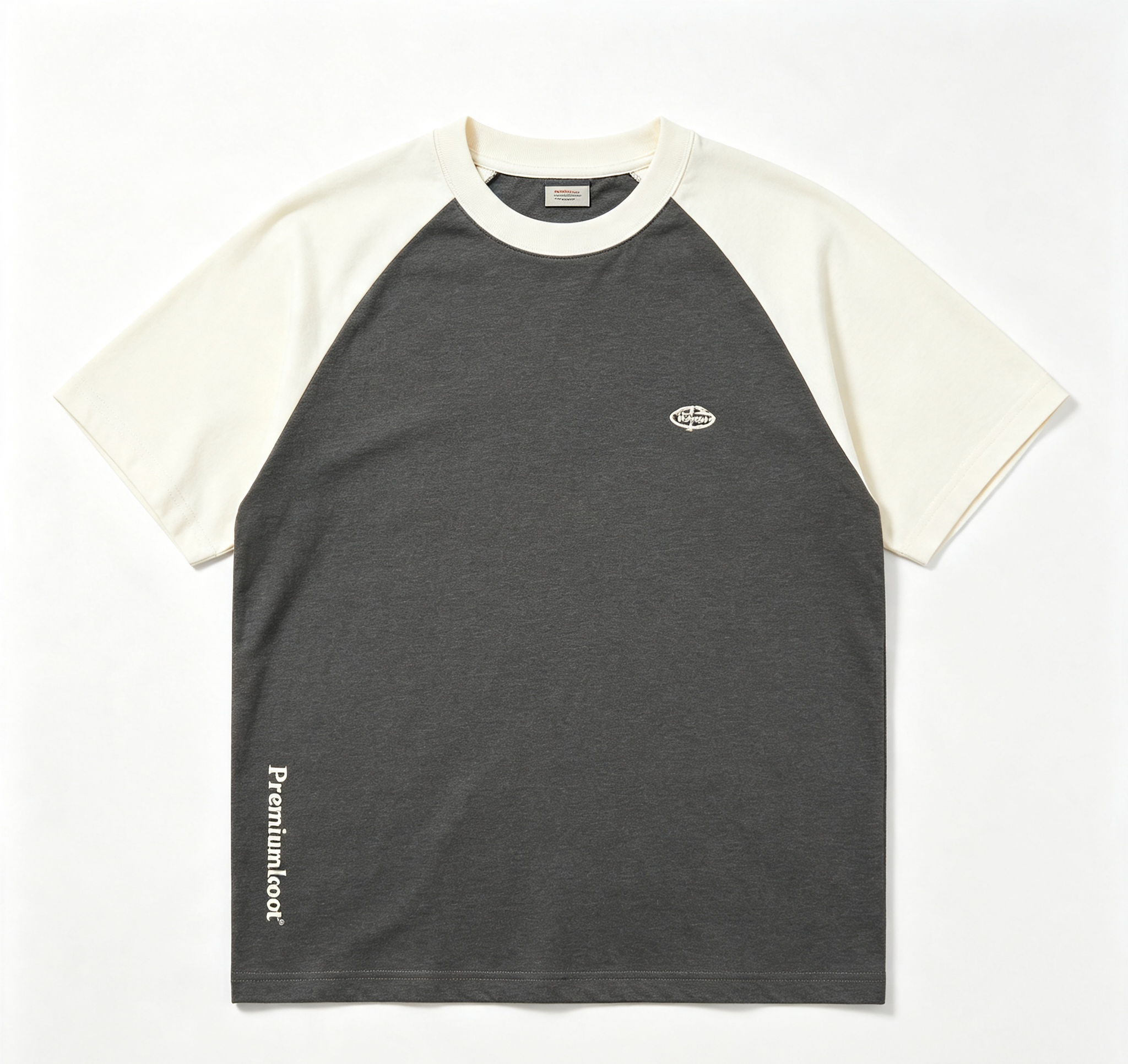 PremiumLoom Charcoal Off-White Color Block Retro Raglan Sleeve Casual Tee